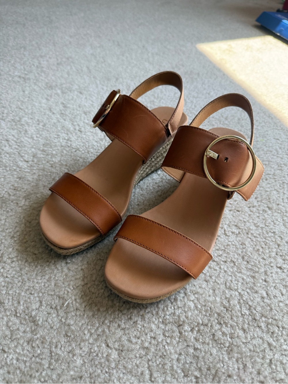 UGG Women's Brown Espadrille Wedge Sandals with Gold Buckle